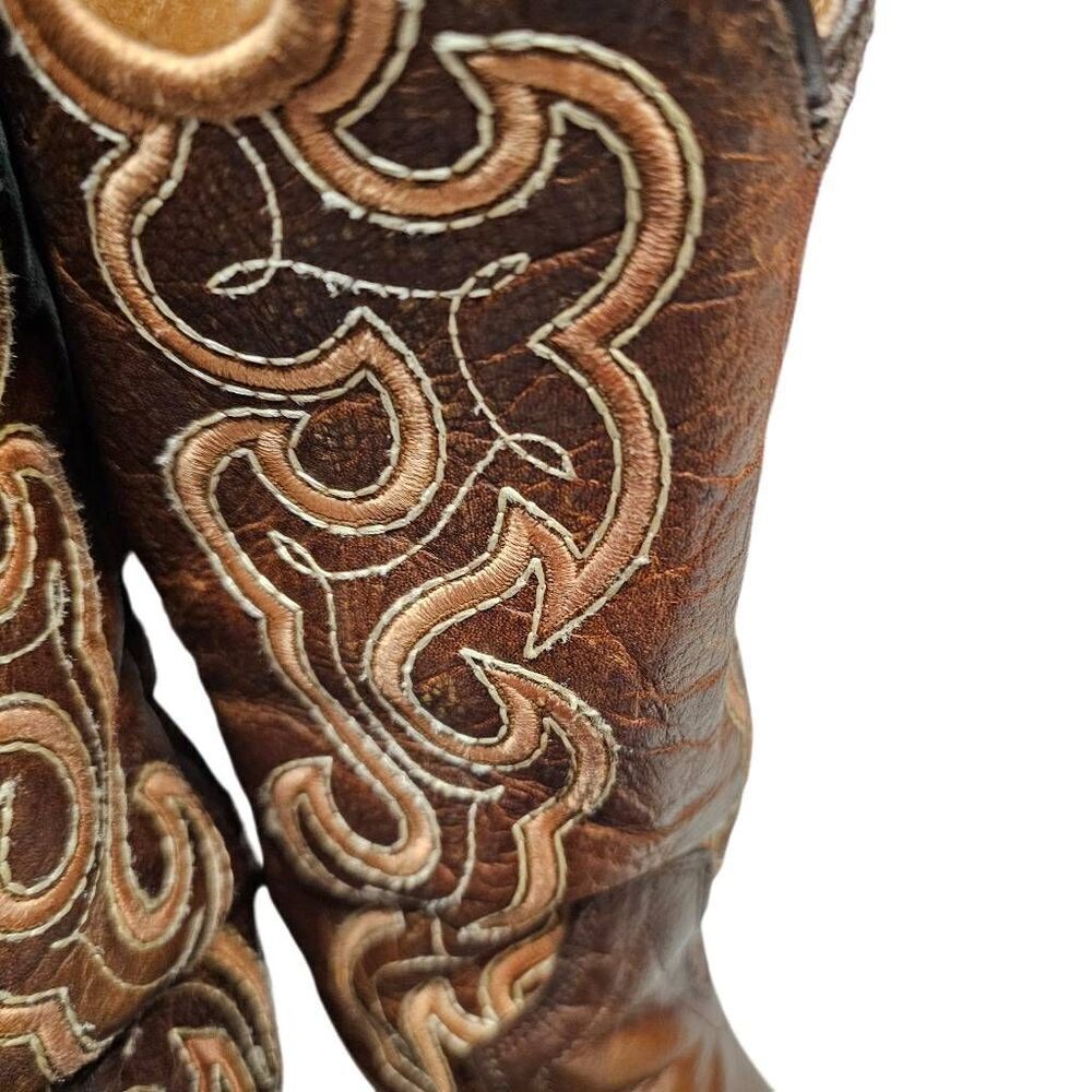 Circle G Womens Cutout Embroidery Cognac Brown Square Toe Boots  Made in Mexico - Picture 4 of 14